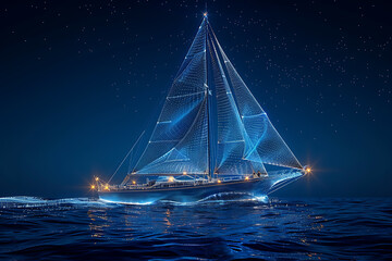 A sleek silhouette logo of a sailing yacht in wireframe style, set against a blue background, perfect for marine and sailing-themed branding