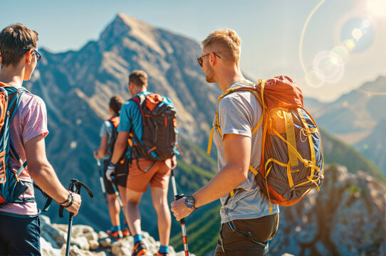 Adventurous spirit. A group of hikers embarking on an exciting journey through the majestic mountains, embracing the challenges of trekking and embodying the essence of teamwork and exploration