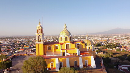 DRONE PHOTOGRAPH OF IGLESIA DEL CERRITO IN SAN ANDRES CHOLULA PUEBLA MEXICO