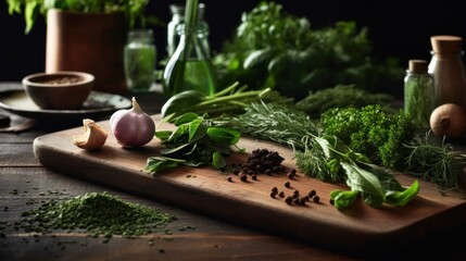 Spices. Photo of fresh herbs. Assortment of fresh and dried seasonings and herbs on a marble background.