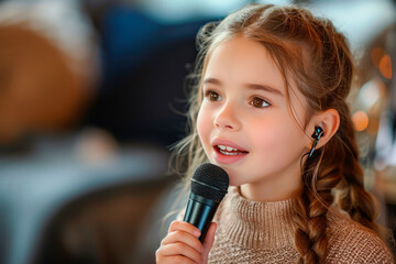 Portrait of a cute Caucasian girl singing at home using a microphone and headphones. Children singing karaoke, home entertainment concept for children or professional hobby