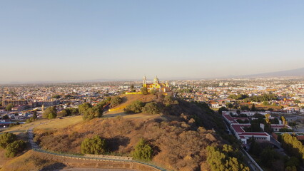 DRONE PHOTOGRAPH OF IGLESIA DEL CERRITO IN SAN ANDRES CHOLULA PUEBLA MEXICO
