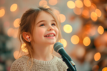 Portrait of a cute Caucasian girl singing against the bokeh background of stage lights, using a microphone and headphones