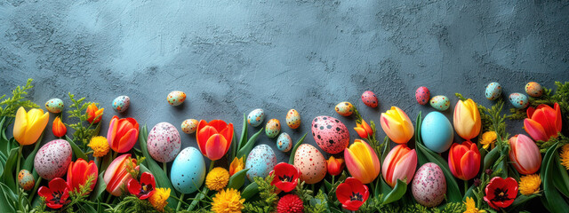 Easter style decoration banner. Coloured eggs and coloured tulips on blue background. Holiday celebration greeting card. Copy space. Generative AI