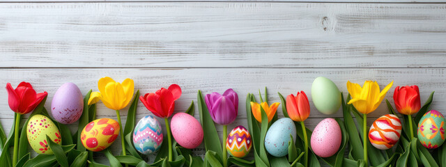 Easter style decoration banner. Coloured eggs and coloured tulips on light grey wooden background. Holiday celebration greeting card. Copy space. Generative AI