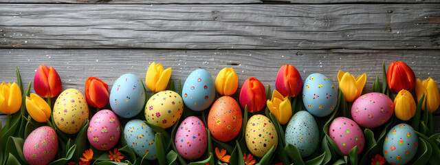 Coloured eggs and coloured tulips on grey wooden background. Easter style decoration banner. Holiday celebration greeting card. Copy space. Generative AI