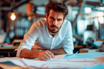 Concentrated professional Caucasian male engineer or designer drawing up final construction project as a guide for builders