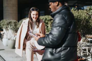 A joyful moment as a woman laughs with a friend who's showing her something on a smart phone,...