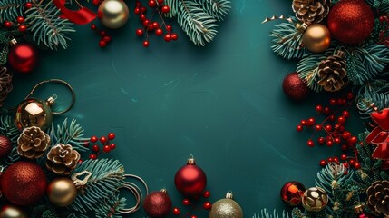 Fototapeta na wymiar New Year decoration toys on a green background Christmas