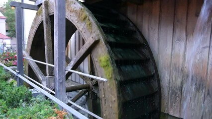 Wangen im Allgäu, Germany, August 17, 2023. Nice footage of the watermill located in the old town square.