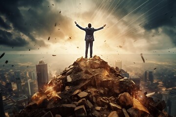 Man Standing Atop Debris Celebrating Success