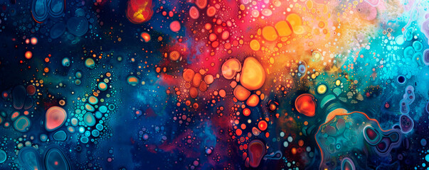 A vibrant painting bursting with a riot of colors, adorned with shimmering water droplets that add a dynamic and ethereal touch to the artwork. Banner. Copy space