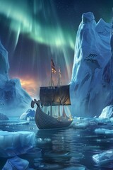 A Viking longship navigating through towering icebergs under the northern lights. ship in the sea at night