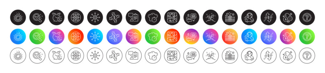 Gear, Chemistry lab and 5g internet line icons. Round icon gradient buttons. Pack of Alarm, Dollar rate, Multichannel icon. Payment exchange, Delivery service, Riboflavin vitamin pictogram. Vector