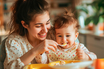 Smiling mother feeding her baby girl with a spoon at home. Children's food