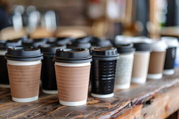 The collection of disposable coffee cups with lids, presented in a cafe setting, reflects the fast-paced lifestyle and need for convenience