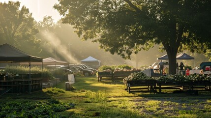 Sunbeams cut through the mist at a farmers market, casting a warm glow on fresh produce and early shoppers.