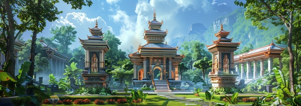 An ancient-inspired temple with modern architecture elements, set in a peaceful garden. with copy space for text