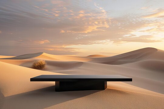 Sunset-lit sand dunes with a sleek black display table Invoking a sense of adventure and mystery for travel gear promotion or exotic location photography.