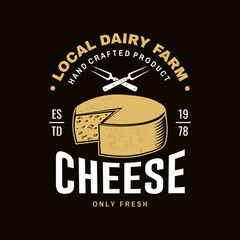 Fresh cheese badge design. Template for logo, branding design with block cheese and fork for cheese. Vector illustration. - 760897996