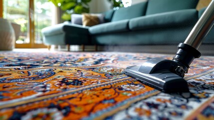Naklejka premium Vacuum cleaner head on a colorful, patterned rug. Thorough carpet cleaning. Vacuuming. Concept of household chores, deep cleaning, home hygiene, routine housework, effective cleaning tools
