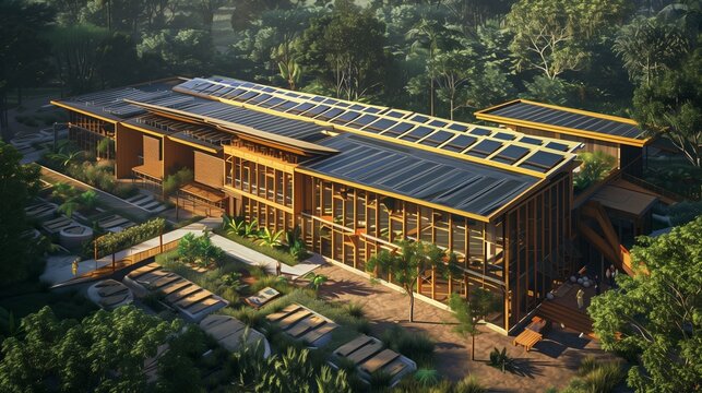 An eco-friendly community center built entirely from recycled materials, with a focus on social spaces.