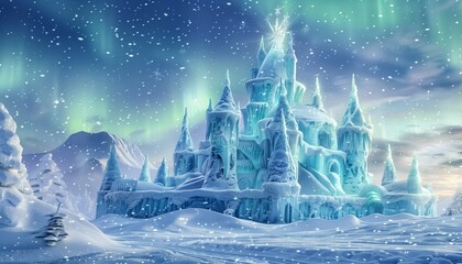 An ice castle in a winter wonderland with auroras and snowflakes glittering in the sky. landscape with castle and snow