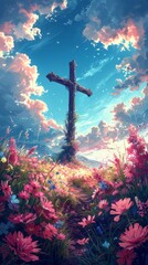 Wooden cross in the field with flowers, and blue sky. Concept of Easter greetings, celebration, resurrection joy, springtime, natural burial, memorial. Art. Postcard. Vertical - obrazy, fototapety, plakaty