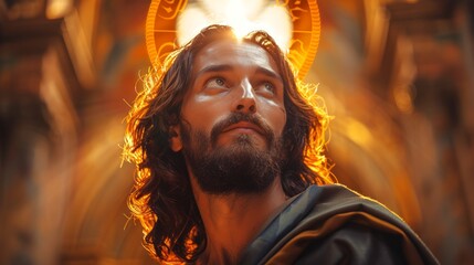 Obraz premium Jesus Christ with a halo of light. The Messiah radiating hope and divinity. Concept of Christian faith, Easter, resurrection, religious, spirituality, beliefs, Savior, divine presence