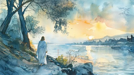 Watercolor illustration of Jesus Christ walking along the shores of the Sea of Galilee at dawn. Concept of faith, spirituality, Easter, divinity, Christian beliefs, resurrection, religious. Artwork
