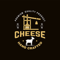 Cheese family farm poster design. Template for logo, branding design with block cheese, jug of milk, fork, knife for cheese. Vector illustration. Hand crafted product cheese - 760898346