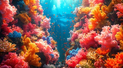 Fototapeta na wymiar Colorful underwater coral landscape. Vibrant coral reef in ocean waters. Art. Concept of marine life, underwater biodiversity, tropical ecosystem, and natural aquarium. DMT art style illustration