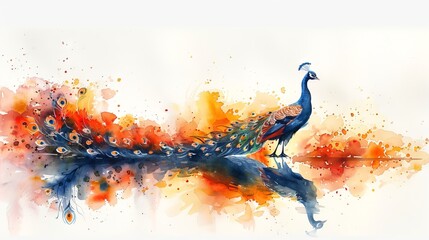 Naklejka premium Watercolor illustration of peacock with bright feathers. Concept of wildlife beauty, ornithology, bird watching, exotic fauna. White backdrop. Aquarelle splashes. Vibrant colorful bird. Artwork