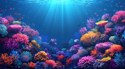 Colorful underwater coral landscape. Vibrant coral reef in ocean waters. Artwork. Concept of marine life, underwater biodiversity, tropical ecosystem, and natural aquarium. Digital illustration