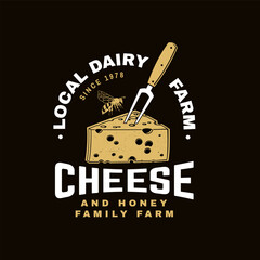 Local dairy farm badge design. Template for logo, branding design with block cheese, fork for cheese and bee. Vector illustration. Cheese and honey family farm. - 760898384