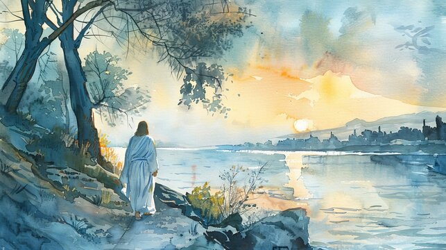 Watercolor illustration of Jesus Christ walking along the shores of the Sea of Galilee at dawn. Concept of faith, spirituality, Easter, divinity, Christian beliefs, resurrection, religious. Artwork