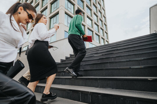 A motivated startup business team is captured ascending stairs en route to an innovative outdoor meeting.