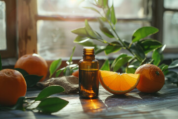 A brown bottle of aromatherapy essential oil with fresh tangerines and oranges on a table
