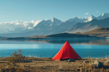 tent by the lake with mountains in the background Generative AI - obrazy, fototapety, plakaty