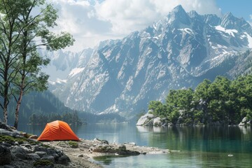 tent by the lake with mountains in the background Generative AI