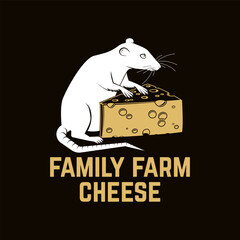 Family farm cheese badge design. Template for logo, branding design with triangle block cheese and rat, mouse. Vector illustration. Hand crafted product cheese - 760899135