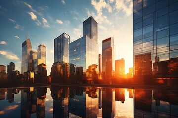 Cityscape of modern business district at sunset with reflection