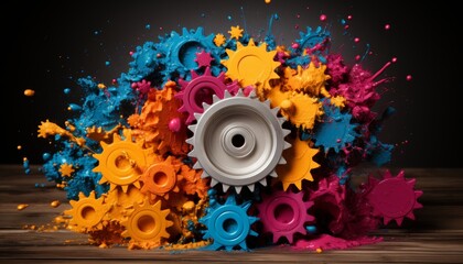 intricate background made of metallic gears splattered with vibrant colored paints