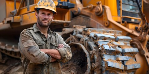 Fototapeta na wymiar A miner standing confidently next to a massive bulldozer at work . Concept Industrial Work, Heavy Machinery, Confidence, Mining Industry, Professional Portrait