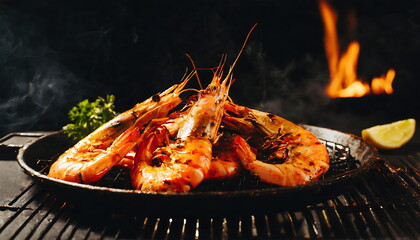 Close-up grilled prawns on the grill with herbs and lemon, Grilled seafood.