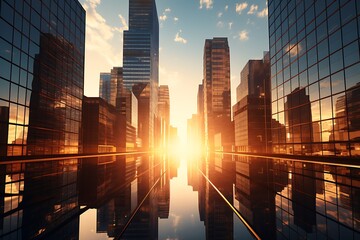 Cityscape of modern business district at sunset with reflection - obrazy, fototapety, plakaty