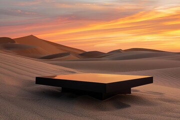 Fototapeta na wymiar Sunset-lit sand dunes with a sleek black display table Invoking a sense of adventure and mystery for travel gear promotion or exotic location photography.