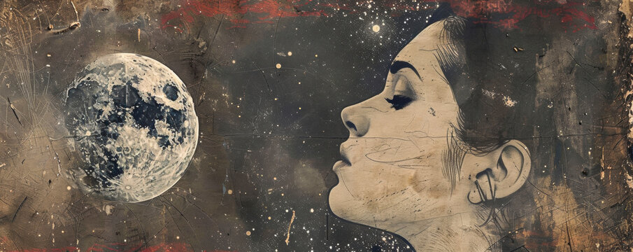A painting depicting a woman gazing up at the moon with wonder and contemplation, her expression filled with a sense of longing and mystery. Banner. Copy space
