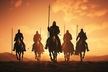 Medieval battle scene with cavalry and infantry. Silhouettes of figures as separate objects, fight between warriors. - obrazy, fototapety, plakaty