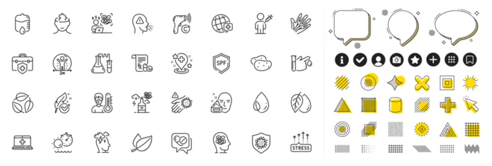 Tuinposter Set of World medicine, Medical drugs and Medical insurance line icons for web app. Design elements, Social media icons. Mint leaves, Alcohol addiction, Blood donation icons. Vector © blankstock